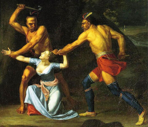 Indians with Tomahawks attack a woman